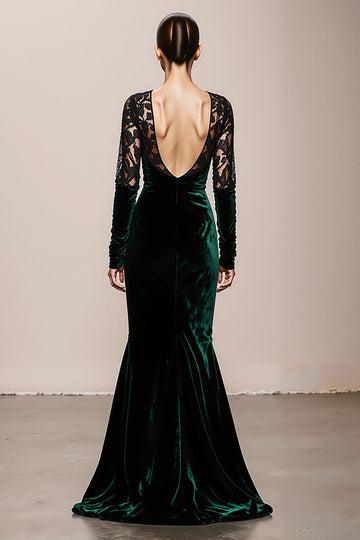 Dark Green Long Sleeve Mermaid Velvet Evening Dress
